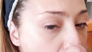 She fills my mouth with cum, delicious blowjob, hot wife