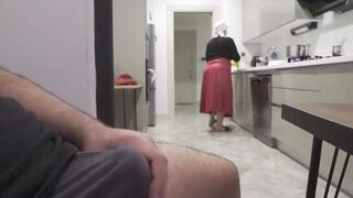 Caught jerking off while watching my Huge ass Hijab Stepmom.