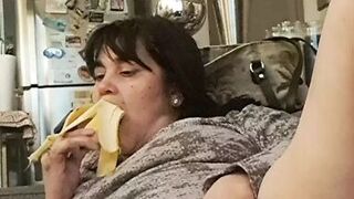 slut milf eats banana from her pussy