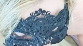 POV. My blonde neighbor is sucking my cock in sexy lingerie. I cum on her face and tongue. Blowjob, spitting, saliva and moaning