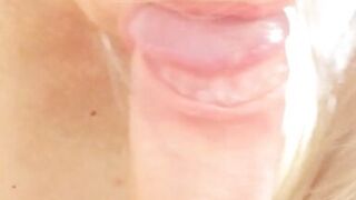 POV. My blonde neighbor is sucking my cock in sexy lingerie. I cum on her face and tongue. Blowjob, spitting, saliva and moaning