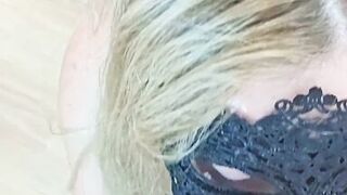 POV. My blonde neighbor is sucking my cock in sexy lingerie. I cum on her face and tongue. Blowjob, spitting, saliva and moaning