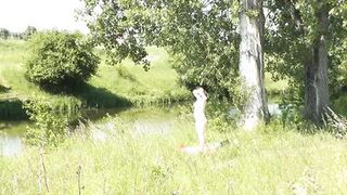 Milf sexy woman sunbathing naked on river bank. Naked in public. Wild beach Nudist. Ass. Pussy. Blonde. Doggystyle. Outside. POV