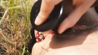 Sexy Hairy Biker Milf With Anal Plug Fucks Herself Outdoors In Nature - 13 image