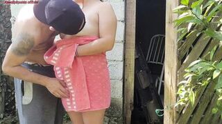 Shower doesn't work, married woman asks the farm's caretaker for help using just a towel and pays with sex - 10 image