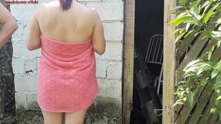 Shower doesn't work, married woman asks the farm's caretaker for help using just a towel and pays with sex - 4 image