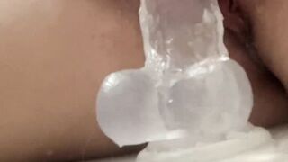 My first squirting in the shower. Amateur homemade solo female. Riding on Cristal dildo. Real orgasm