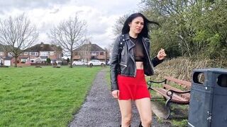 Public nudity with no panties so you can see my pussy and peeing