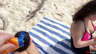 Public Pickup Stepmom and Stepdaughter on Beach - Risky Dick Flashing Cum on Face