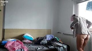 Voyeur - Amateur Milf Trys On Clothes At Home And Shows Saggy Tits And Hairy Pussy