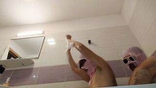 Amateur couple takes a bath, wife with hairy pussy, big ass, big tits.