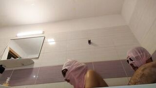 Amateur couple takes a bath, wife with hairy pussy, big ass, big tits.