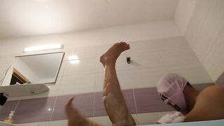 Amateur couple takes a bath, wife with hairy pussy, big ass, big tits.