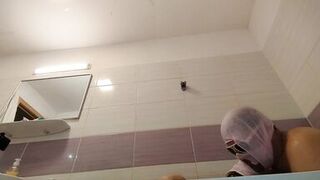 Amateur couple takes a bath, wife with hairy pussy, big ass, big tits.