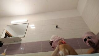 Amateur couple takes a bath, wife with hairy pussy, big ass, big tits.
