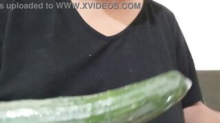 Karmica, the chubby Filipina, pleasures her hairy pussy and cucumber in a hot pepino game