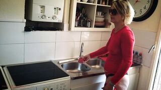 Slutty Nymphomaniac Mother-In-Law, Cleans In Lingerie To Tease Her Stepson.