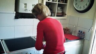 Slutty Nymphomaniac Mother-In-Law, Cleans In Lingerie To Tease Her Stepson.