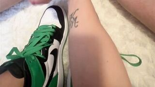 Slutty Milf rubs balls and begs for cum on her shoes