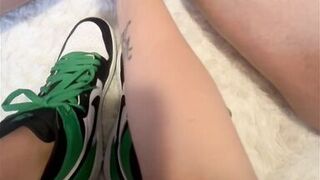 Slutty Milf rubs balls and begs for cum on her shoes