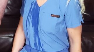 Sloppy nurse BJ soaks thru the scrubs