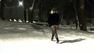 New Year's Eve night walk in nylon tights without a skirt