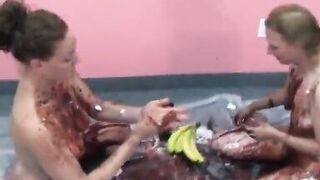 Lusty housewives get bored and play with ice cream toppings on big tits