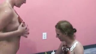 Lusty housewives get bored and play with ice cream toppings on big tits