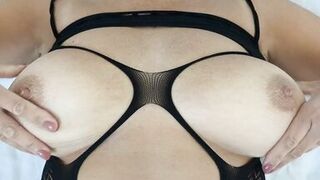 Close up of sexy milf wife rubbing oil into her big natural 32f tits and then rub her wet pussy and show her tight asshole