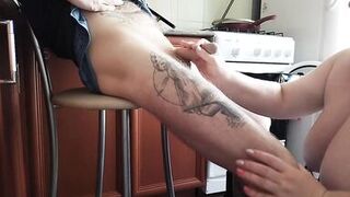 naked fat girl jerks off my cock to a cumshot in the kitchen