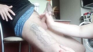 a fat woman naked jerks off my cock to a cumshot in the kitchen - 2 image