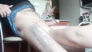 a fat woman naked jerks off my cock to a cumshot in the kitchen