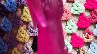 Close up banging muff with rabbit marital-device, tattooed little person, POV