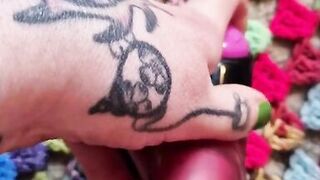 Close up banging muff with rabbit marital-device, tattooed little person, POV