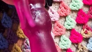 Close up banging muff with rabbit marital-device, tattooed little person, POV