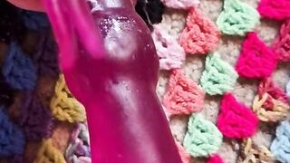 Close up banging muff with rabbit marital-device, tattooed little person, POV