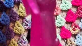 Close up banging muff with rabbit marital-device, tattooed little person, POV