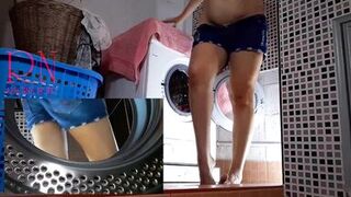 Domination in laundry. Housewife pumped in the washing machine. MIX