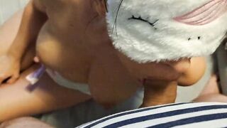 I engulf him lustfully and paw him until this guy fills my large boobs with cum