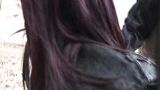 brunette hair mother I'd like to fuck likes to engulf a stranger's cock outdoors