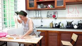 Ravioli Time! Nude Cooking. Regina Noir, a nudist cook at nudist hotel resort. Stripped maid. Bare hou