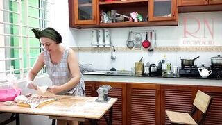 Ravioli Time! Nude Cooking. Regina Noir, a nudist cook at nudist hotel resort. Stripped maid. Bare hou