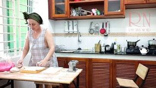 Ravioli Time! Nude Cooking. Regina Noir, a nudist cook at nudist hotel resort. Stripped maid. Bare hou