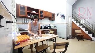 Ravioli Time! Nude Cooking. Regina Noir, a nudist cook at nudist hotel resort. Stripped maid. Bare hou