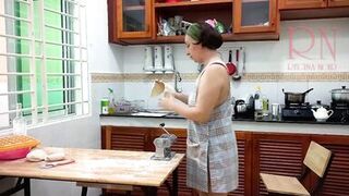 Ravioli Time! Nude Cooking. Regina Noir, a nudist cook at nudist hotel resort. Stripped maid. Bare hou