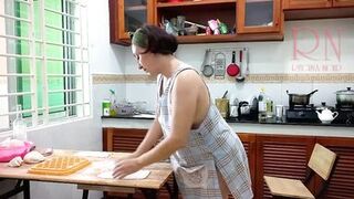 Ravioli Time! Nude Cooking. Regina Noir, a nudist cook at nudist hotel resort. Stripped maid. Bare hou