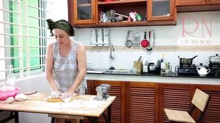 Ravioli Time! Nude Cooking. Regina Noir, a nudist cook at nudist hotel resort. Stripped maid. Bare hou