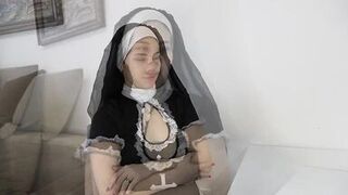 Step sister nun Anna fell into sin and gave blow job and footjob