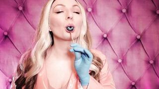 ASMR: blue nitrile gloves and candy engulfing, wearing pink PVC coat, cutie in braces (Arya Grander)