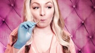 ASMR: blue nitrile gloves and candy engulfing, wearing pink PVC coat, cutie in braces (Arya Grander)
